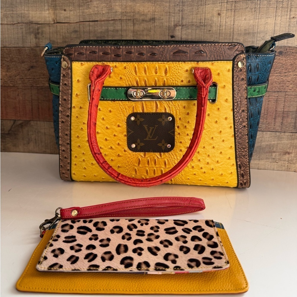 NWOT Multicolored Animal Print Upcycled Boutique Bag & Wallet Set